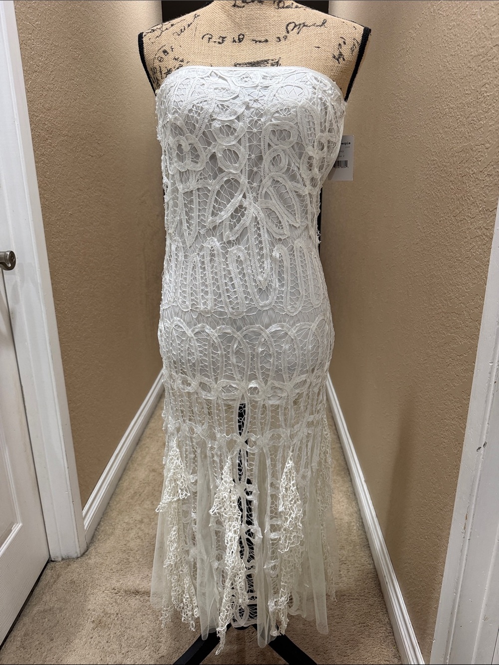 Free People Ivory Strapless Crochet Fringe Maxi Dress